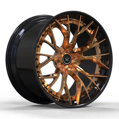 Llantas forjadas personalizadas de 2 piezas con disco de bronce pulido y cañón negro brillante en 18, 19, 20, 21, 22 y 23 pulgadas